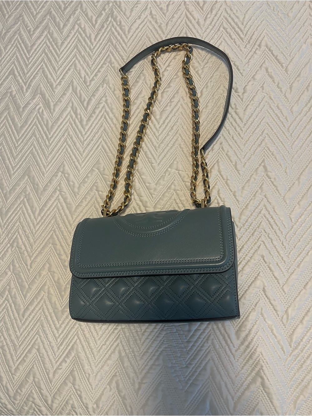 Tory Burch Teal Quilted Leather Shoulder Bag with Gold Chain